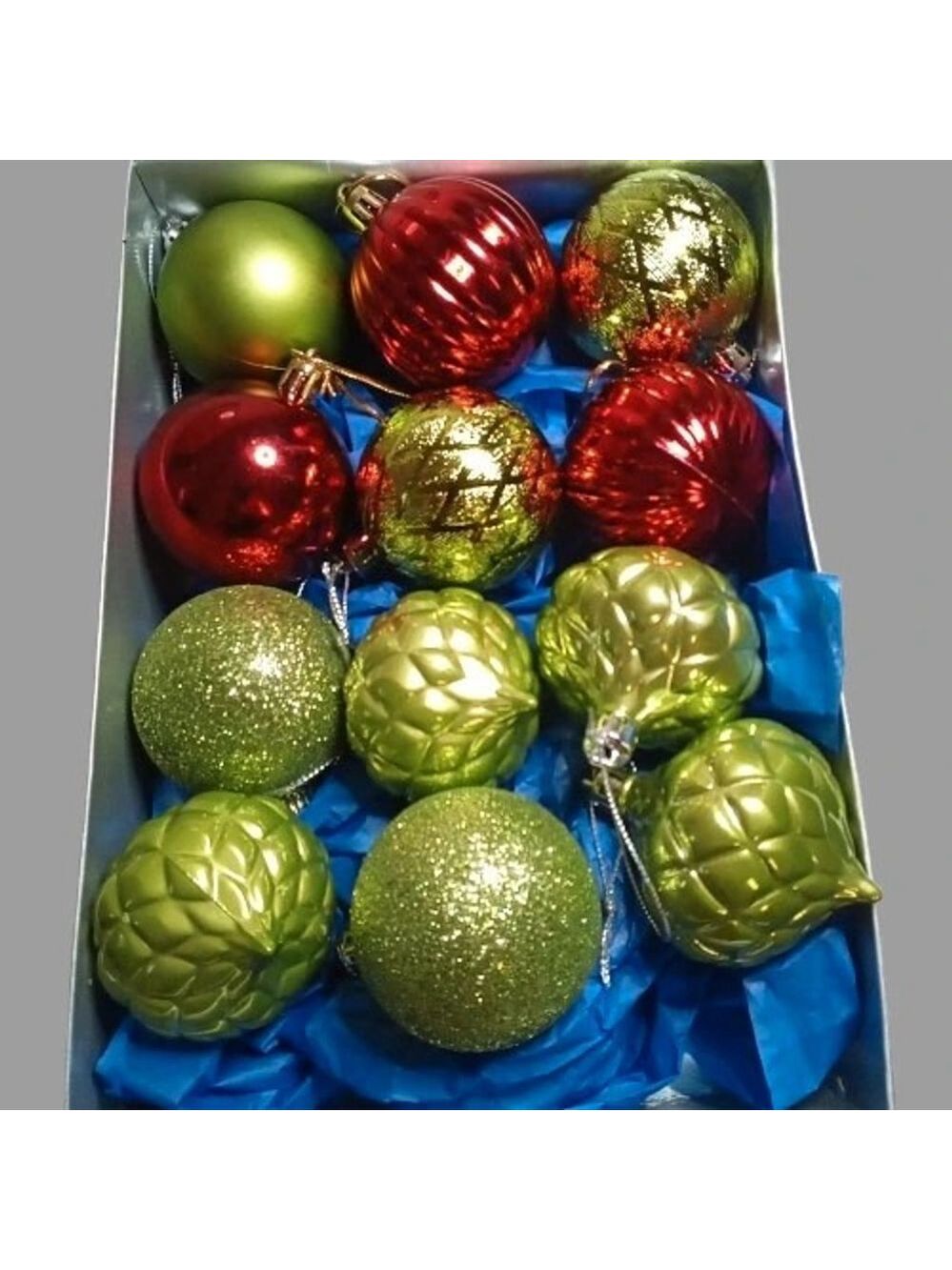 Red & Green Christmas Ornament Set of 12- Glitter & Textured Holiday Baubles